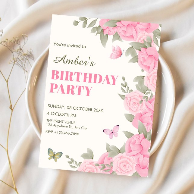 Invitation Fête d'anniversaire à la floraison rose (Créateur téléchargé)