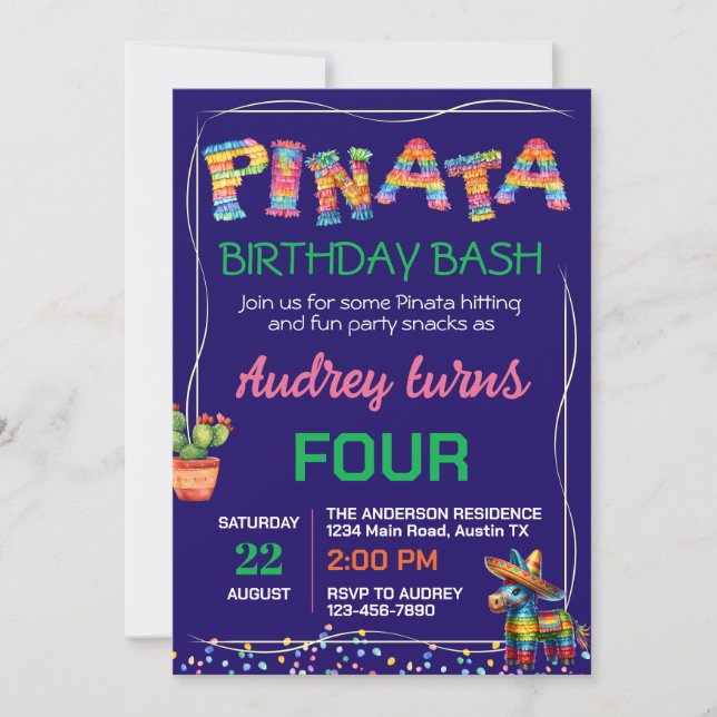 Invitation Fête d'anniversaire à la pinata (Devant)