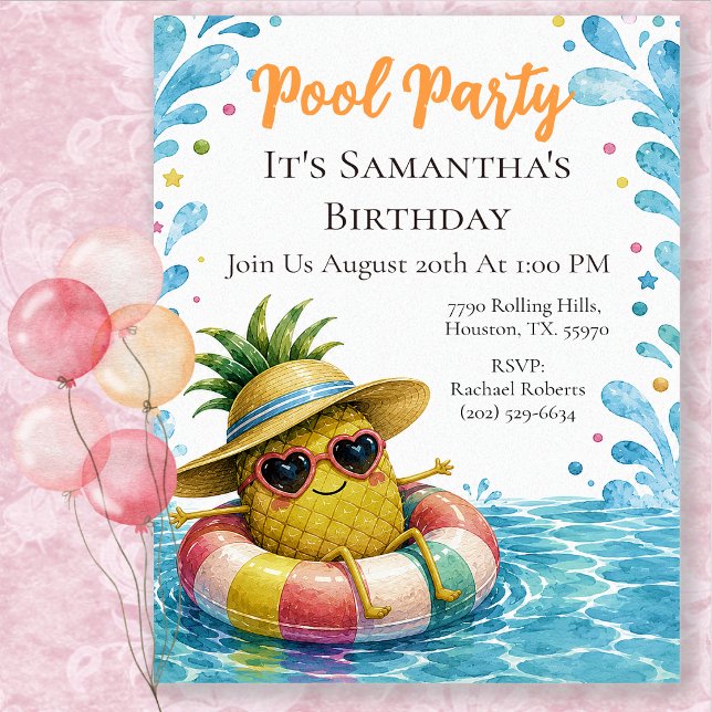 Invitation Fête d'anniversaire à la piscine à thème ananas (Créateur téléchargé)