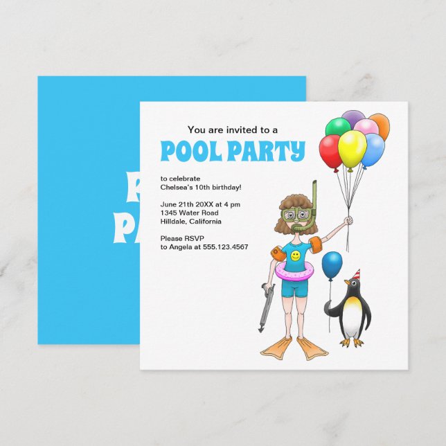 Invitation Fête d'anniversaire à la piscine l'été (Devant / Derrière)