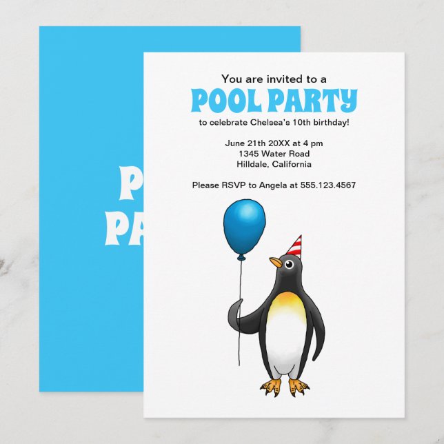 Invitation Fête d'anniversaire à la piscine l'été (Devant / Derrière)