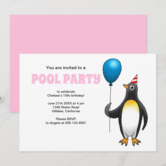 Invitation Fête d'anniversaire à la piscine l'été (Devant / Derrière)