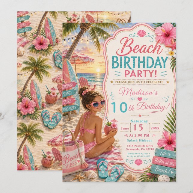 Invitation Fête d'anniversaire à la plage (Devant / Derrière)