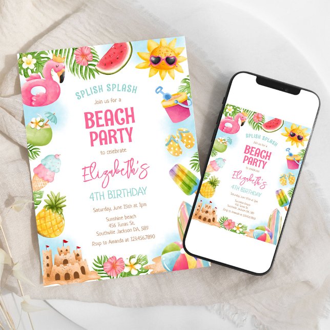 Invitation Fête d'anniversaire à la plage avec piscine l'été (Créateur téléchargé)