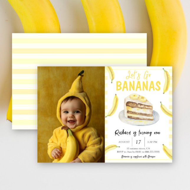 Invitation Fête d'anniversaire à l'aquarelle Allons-y Bananas (Créateur téléchargé)