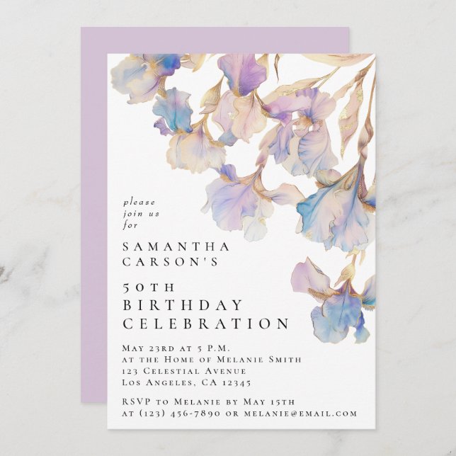 Invitation Fête d'anniversaire à l'aquarelle avec iris élégan (Devant / Derrière)