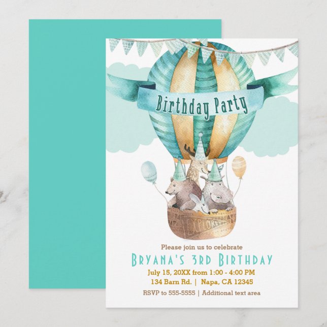 Invitation Fête d'anniversaire à l'aquarelle Aventure Animale (Devant / Derrière)
