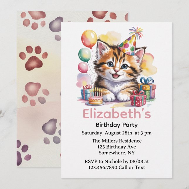 Invitation Fête d'anniversaire à l'aquarelle de chaton mignon (Devant / Derrière)