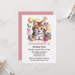 Invitation Fête d'anniversaire à l'aquarelle de chaton mignon