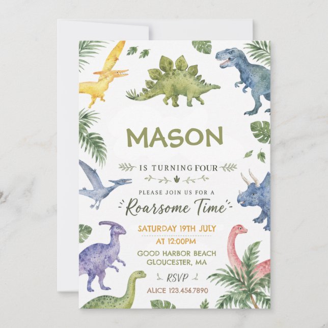 Invitation Fête d'anniversaire à l'aquarelle de dinosaure (Devant)