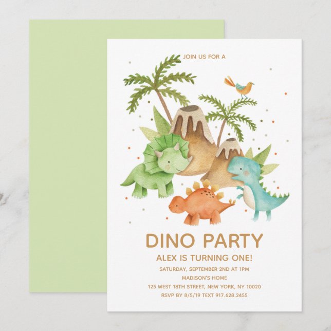 Invitation Fête d'anniversaire à l'aquarelle de dinosaure mig (Devant / Derrière)