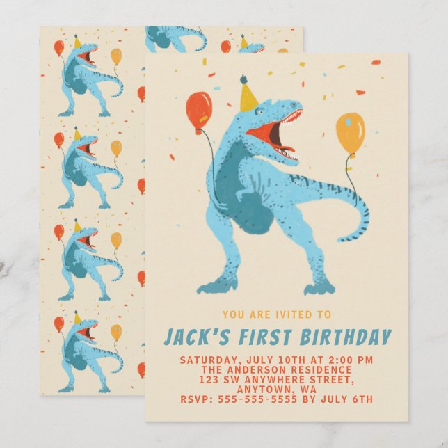 Invitation Fête d'anniversaire à l'aquarelle de dinosaure T-R (Devant / Derrière)
