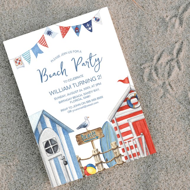 Invitation Fête d'anniversaire à l'aquarelle douce de plage (Créateur téléchargé)