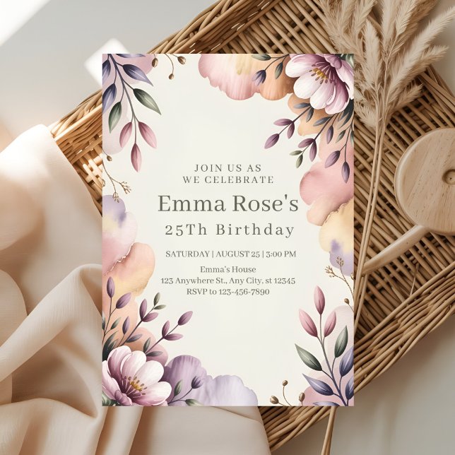 Invitation Fête d'anniversaire à l'aquarelle florale élégante (Créateur téléchargé)
