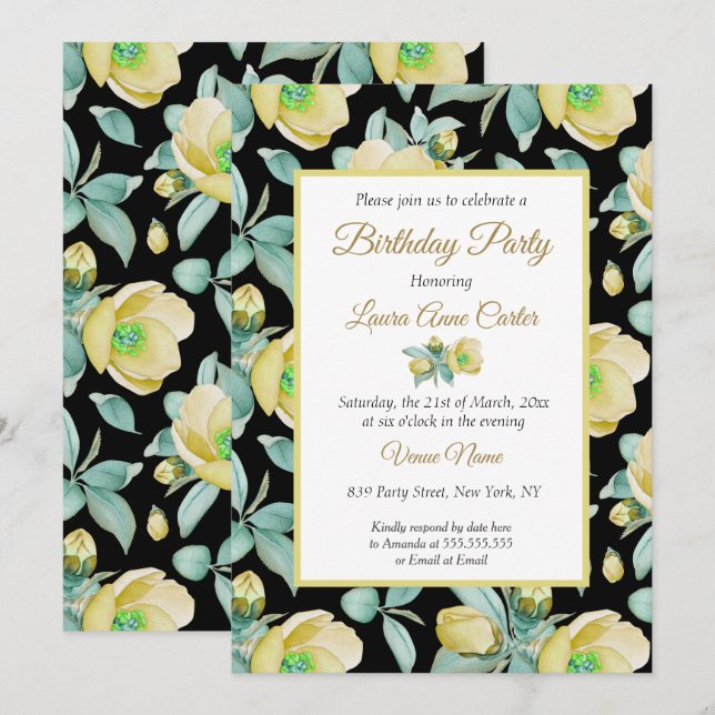 Invitation Fête d'anniversaire à l'aquarelle florale jaune no (Devant / Derrière)