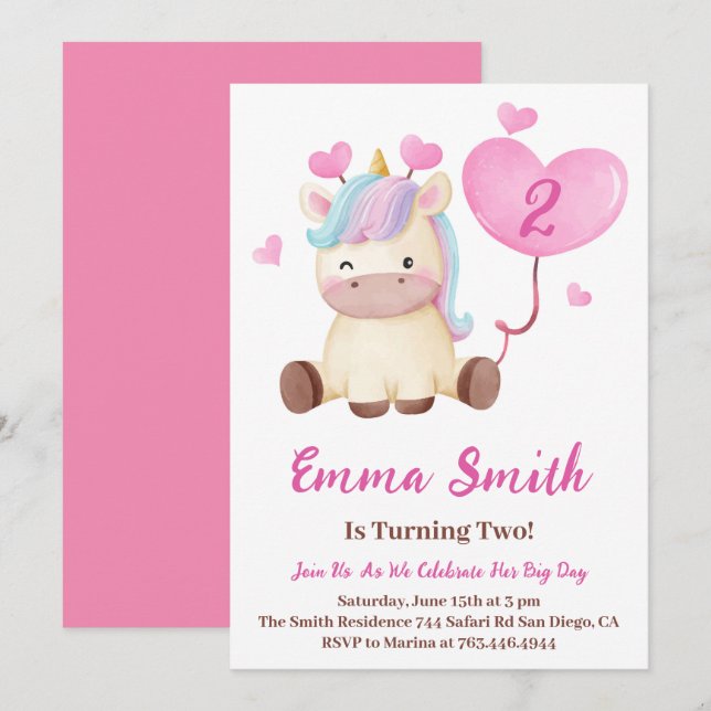 Invitation Fête d'anniversaire à l'aquarelle Licorne Mignonne (Devant / Derrière)