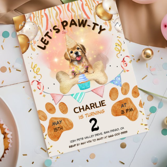 Invitation Fête d'anniversaire à l'aquarelle pour chiot "Fais (Lets pawty dog birthday watercolor party invitation)
