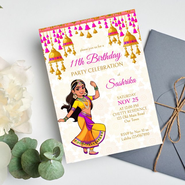 Invitation fête d'anniversaire à l'indienne mignonne fille in (Indian style birthday party cute Indian girl template Invitation digital download Bollywood party)