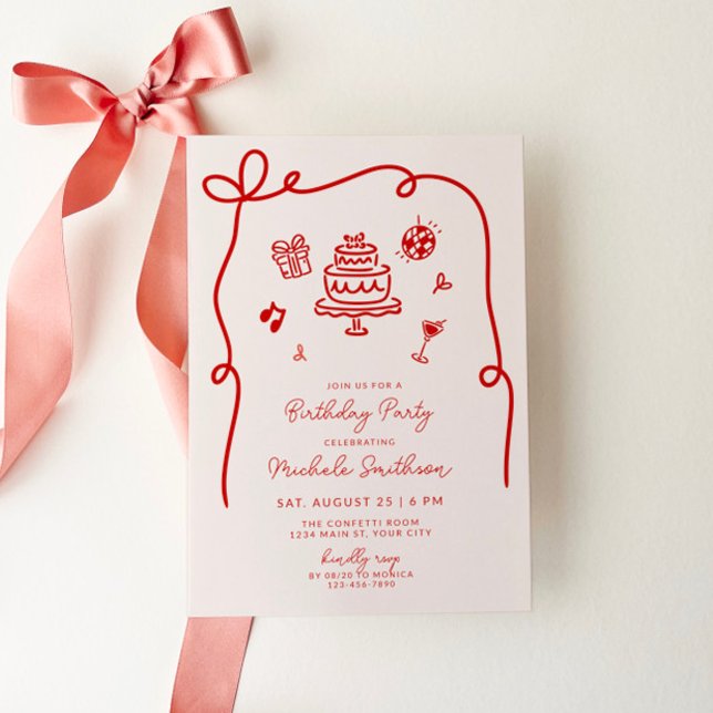 Invitation Fête d'anniversaire à main lunaire (Whimsical Hand drawn Birthday Party Invite)