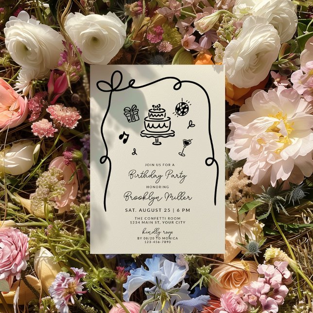 Invitation Fête d'anniversaire à main lunaire (Whimsical Hand Drawn Birthday Invite)