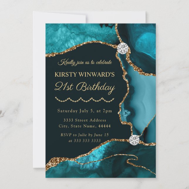 Invitation Fête d'anniversaire à paillettes fausses de teal e (Devant)