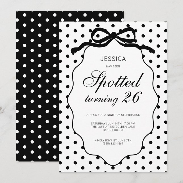 Invitation Fête d'anniversaire à pois avec ruban noir (Devant / Derrière)