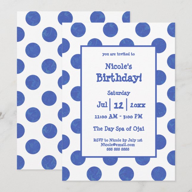 Invitation Fête d'anniversaire à pois bleus (Devant / Derrière)