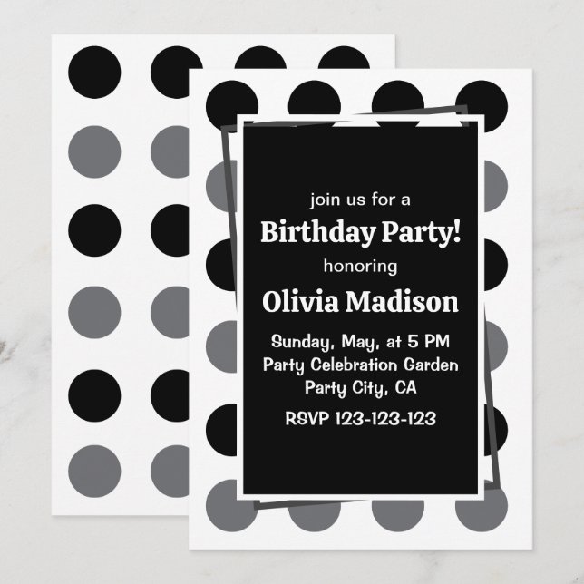 Invitation Fête d'anniversaire à pois gris noir (Devant / Derrière)