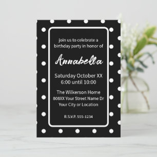 Invitation Fête d'anniversaire à pois noirs et blancs
