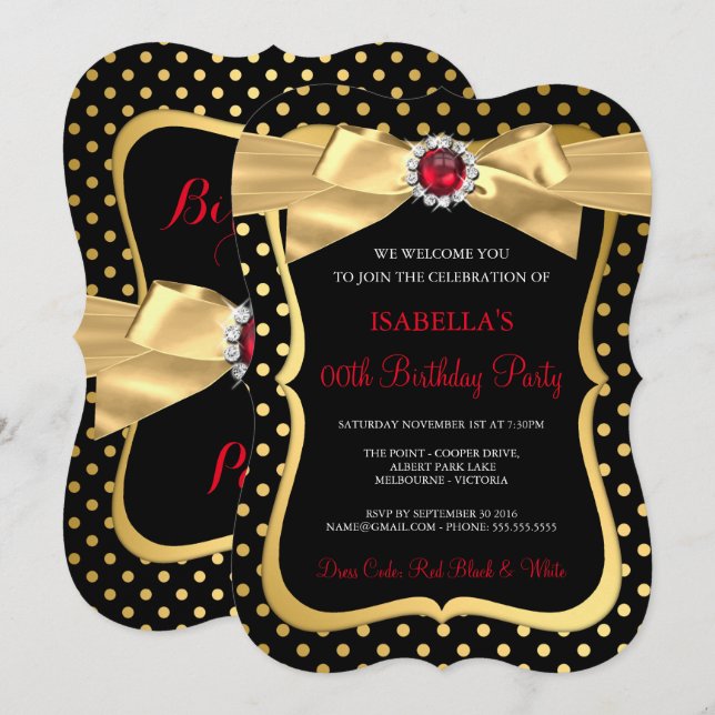 Invitation Fête d'anniversaire à pois noirs et ruban doré Per (Devant / Derrière)