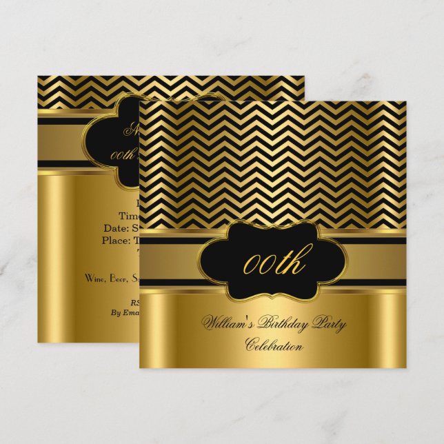 Invitation Fête d'anniversaire à rayure noire et chevron doré (Devant / Derrière)