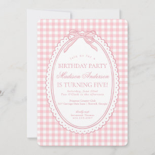 Invitation Fête d'anniversaire à ruban Coquette en vichy rose