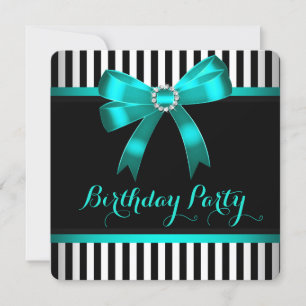 Invitation Fête d'anniversaire à ruban sarcelle noir et blanc