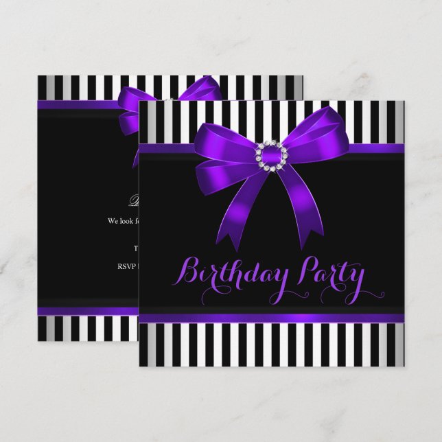 Invitation Fête d'anniversaire à ruban violet noir et blanc r (Devant / Derrière)