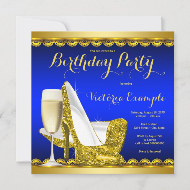 Invitation Fête d'anniversaire à talons hauts bleu royal fémi (Devant)
