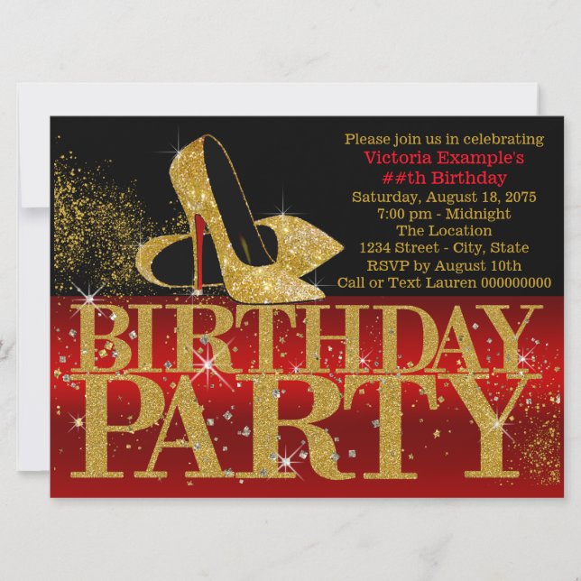 Invitation Fête d'anniversaire à talons hauts pailletés rouge (Devant)