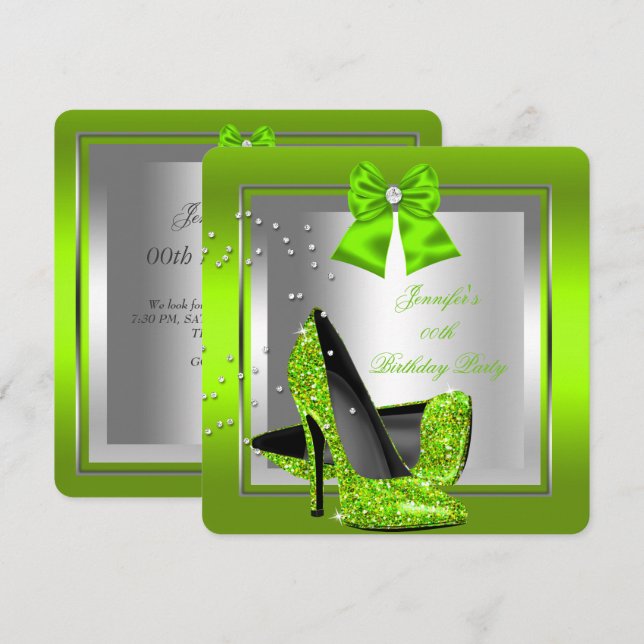 Invitation Fête d'anniversaire à talons hauts vert citron pai (Devant / Derrière)