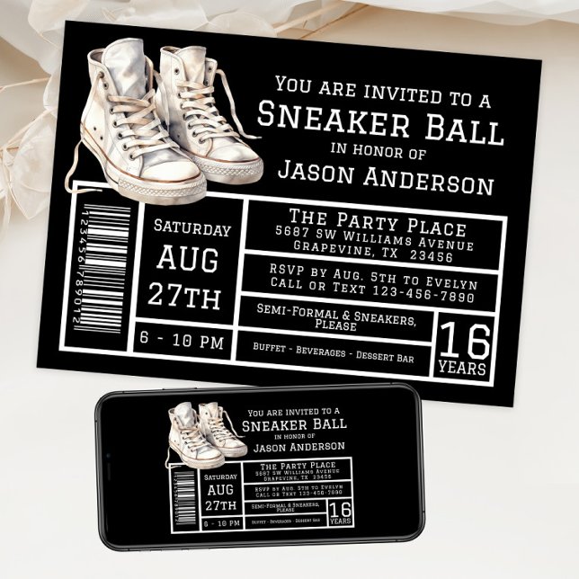Invitation Fête d'anniversaire à thème basket pour garçon  (Sneaker ball invitation with hightop sneakers shoe box label style. For instant download and print.)