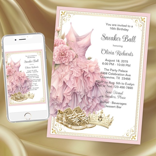 Invitation Fête d'anniversaire à thème chaussure rose or  (Pink gold sneaker ball invitation. Instant download and printed invitations available.)