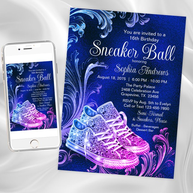 Invitation Fête d'anniversaire à thème chaussure violette ble (Purple blue sneaker ball invitation. Instant download and printed invitations available.)