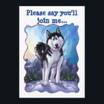 Invitation Fête d'anniversaire à thème Cute Husky<br><div class="desc">Parade des animaux Têtes de Chien et Queues Joueuses de Chien et Queues Des invitations personnalisables de la fête des Anniversaires de enfants présentent notre joli Husky sibérien noir et blanc, debout sur une colline enneigée, devant une majestueuse chaîne de montagnes avec un ciel texturé bleu et une bordure violette...</div>