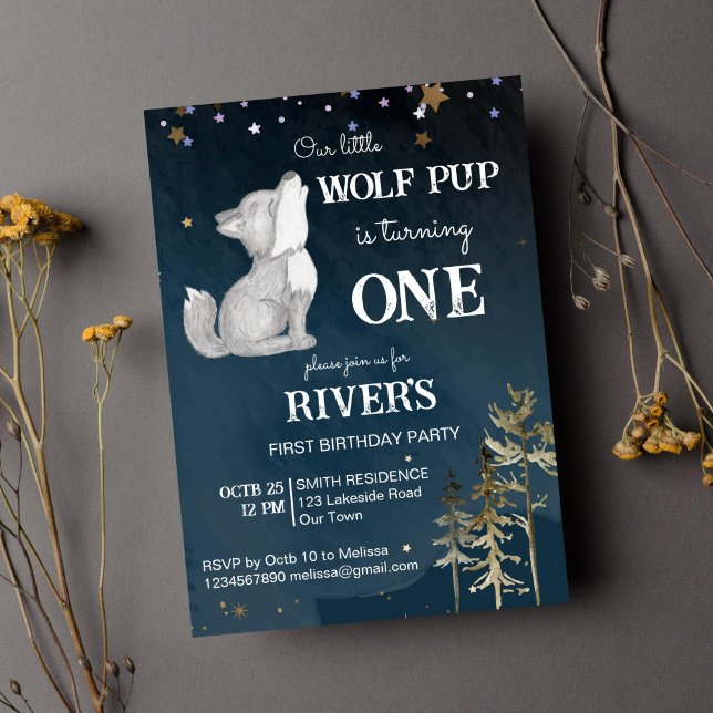 Invitation Fête d'anniversaire à thème du petit loup (Wolf themed birthday party invitation template little pup woodlands wild one invitation)