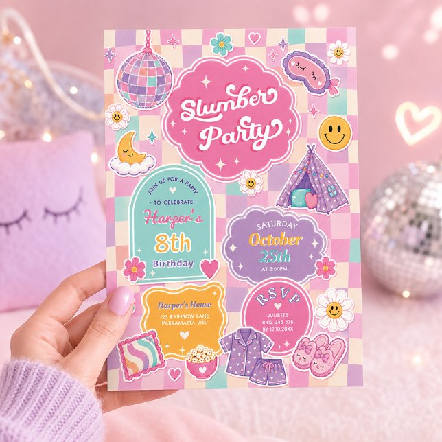 Invitation Fête d'anniversaire à thème Pyjama Groovy à carrea (Créateur téléchargé)