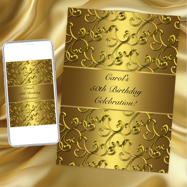 Invitation Fête d'anniversaire à tourbillon doré (Gold swirl any birthday or occasion invitation. Instant download and printed invitations available.)