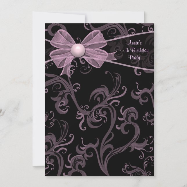 Invitation Fête d'anniversaire à tourbillons rose et noir (Devant)