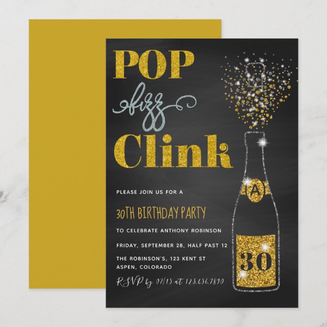 Invitation Fête d'anniversaire à tout âge pop fizz clink pail (Devant / Derrière)