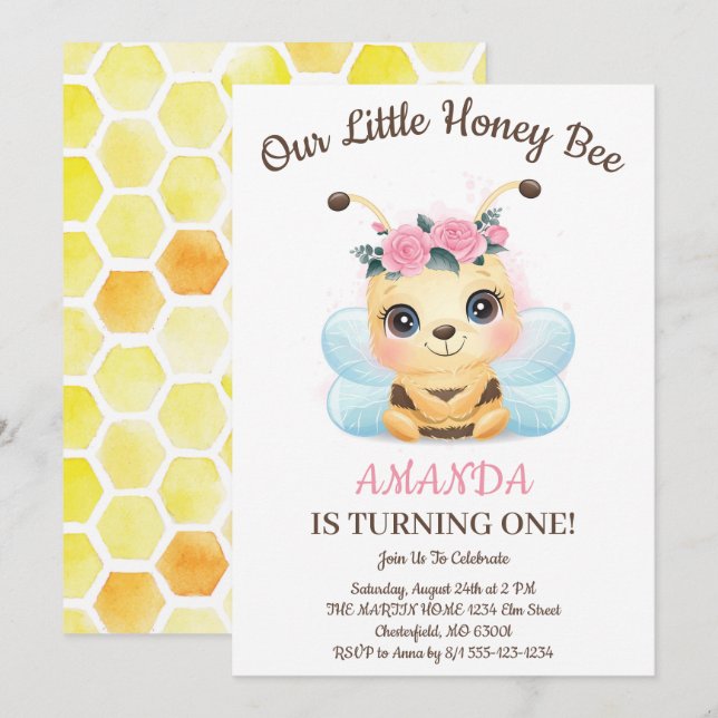 Invitation Fête d'anniversaire abeille à miel florale aquarel (Devant / Derrière)