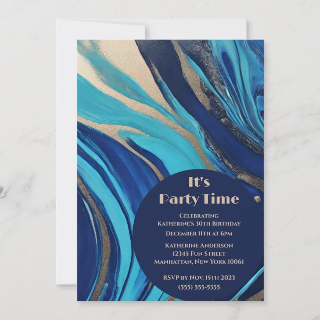 Invitation Fête d'anniversaire-Abstrait flux Art- Bleu et Or- (Devant)