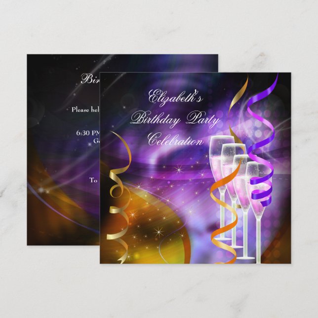 Invitation Fête d'anniversaire abstrait or violet Champagne (Devant / Derrière)