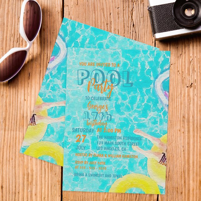 Invitation Fête d'anniversaire adolescente piscine aquarelle  (Créateur téléchargé)